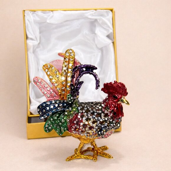 Jeweled Rooster Hinged Trinket Box NIB Enamel Rhinestone Tchotchke Décor 🐓